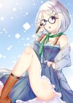  1girl ass bare_legs blue_dress breasts cleavage dress dress_lift glasses hair_ornament hairclip highres holding looking_at_viewer marker mashiro_aa okitegami_kyouko okitegami_kyouko_no_bibouroku open_mouth scarf short_hair sitting solo violet_eyes white_hair 