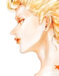  1boy birthmark blonde_hair earrings face from_side giorno_giovanna jewelry joestar_birthmark jojo_no_kimyou_na_bouken male_focus orange_eyes profile solo stud_earrings white_background zakki 