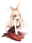  1girl animal_ears bare_shoulders between_legs blonde_hair blue_eyes blush bow bowtie breasts bunny_girl bunny_tail bunnysuit cleavage detached_collar full_body hand_between_legs high_heels highres medium_breasts nia_(leafunia) one_eye_closed original pantyhose pouty_lips rabbit_ears seiza shadow signature sitting solo tail wrist_cuffs 