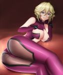  1girl 5ht ass blonde_hair blue_eyes bodysuit breasts carol_malus_dienheim center_opening cleavage collarbone elbow_gloves gloves hand_on_own_chest hand_on_own_chin highres large_breasts looking_at_viewer lying mole mole_under_eye older on_side senki_zesshou_symphogear short_hair skin_tight smile solo sweat 