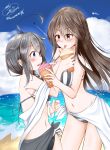  2girls absurdres ahoge aircraft airplane alternate_costume artist_name beach black_hair blue_eyes breasts brown_hair clouds cloudy_sky commentary food hair_flaps hair_ornament hairclip haruna_(kantai_collection) highres ice_cream kantai_collection licking long_hair multiple_girls namikawa_kuroha navel ocean orange_eyes remodel_(kantai_collection) shigure_(kantai_collection) signature sky soft_serve swimsuit twitter_username 