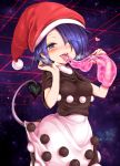  1girl blue_eyes blue_hair blush breasts breath commentary_request cow_tail doremy_sweet dream_soul dress eating eyes_visible_through_hair hair_over_one_eye harusame_(unmei_no_ikasumi) hat heart looking_at_viewer medium_breasts nightcap pom_pom_(clothes) saliva short_sleeves smile solo tail teeth touhou 