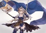  1girl ahoge armor armored_dress blonde_hair blue_eyes breasts cleavage collarbone dress flag flower gauntlets granblue_fantasy hair_flower hair_ornament hairband holding holding_sword holding_weapon jeanne_d&#039;arc_(granblue_fantasy) lily_(flower) long_hair medium_breasts open_mouth purple_dress short_dress solo souten_(bluesky145) sword thigh-highs weapon 