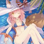  1girl alternate_costume animal_ears bare_legs bikini bow breasts caster_(fate/extra) cleavage closed_mouth commentary_request crossed_legs fate/grand_order fate_(series) fox_ears hair_between_eyes hat hat_bow jewelry large_breasts long_hair looking_at_viewer micro_bikini navel one_eye_closed phoenix0 pink_hair side-tie_bikini sitting smile solo striped striped_bow swimsuit white_hat wrist_cuffs yellow_eyes 