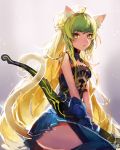  1girl animal_ears archer_of_red ass blonde_hair blue_legwear bow_(weapon) breasts cat_ears cat_tail fate/apocrypha fate/grand_order fate_(series) green_eyes green_hair hg_(pixiv16108795) holding holding_weapon long_hair looking_at_viewer multicolored_hair parted_lips pleated_skirt sitting skirt sleeveless solo tail thigh-highs two-tone_hair weapon 