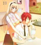  1boy 1girl alternate_costume apron black_necktie blonde_hair blue_eyes chair chin_rest closed_mouth commentary cross cross_necklace cup desk doghouse dress_shirt green_kaminari hairband highres irisdina_bernhard jewelry kitchen muvluv necklace necktie open-chest_sweater pouring ribbed_sweater ring schwarzesmarken shirt short_sleeves sitting sleeping sleeves_rolled_up steam sweater tea teacup teapot theodor_edelbach watch watch wedding_band white_shirt zzz 
