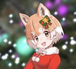  :3 alternate_costume animal_ears blush bow bowtie brown_eyes christmas dog_(shiba_inu)_(kemono_friends) dog_ears dog_girl dress extra_ears fur_collar green_bow hair_bow highres ieinu_account kemono_friends kemono_friends_3 light_brown_hair looking_at_viewer merry_christmas multicolored_hair official_alternate_costume open_mouth red_bow red_dress santa_costume smile two-tone_hair white_bow white_bowtie white_fur white_hair 