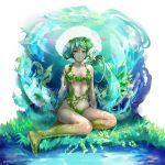  1girl 2016 barefoot facial_mark fantasy feet grass green_hair green_skin long_hair muraicchi_(momocchi) original plant sitting vines water 