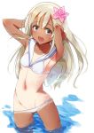  1girl :d armpits arms_behind_head ass_visible_through_thighs bikini blonde_hair blue_eyes blush breasts collarbone contrapposto cosplay cowboy_shot flower hair_flower hair_ornament kantai_collection kuzu_(miduhana) long_hair looking_at_viewer navel one-piece_tan open_mouth ro-500_(kantai_collection) sailor_bikini sailor_collar side-tie_bikini small_breasts smile solo swimsuit tan tanline wading water white_background white_bikini z3_max_schultz_(kantai_collection) z3_max_schultz_(kantai_collection)_(cosplay) 