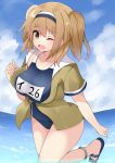  1girl ;d beach breasts clouds hairband hidaka0503 highres i-26_(kantai_collection) kantai_collection large_breasts light_brown_eyes light_brown_hair long_hair name_tag ocean old_school_swimsuit one_eye_closed open_clothes open_mouth sailor_collar sandals short_sleeves sky smile solo swimsuit swimsuit_under_clothes two_side_up water 