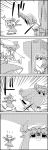  &gt;_&lt; /\/\/\ 2girls book book_on_head bookshelf chasing closed_eyes comic commentary crescent crescent_hair_ornament flandre_scarlet fleeing greyscale hair_ornament hair_ribbon hat hat_ribbon highres long_hair mob_cap monochrome multiple_girls object_on_head open_book patchouli_knowledge ribbon running skirt skirt_set stamp stool tani_takeshi touhou translated tress_ribbon very_long_hair wings yukkuri_shiteitte_ne |_| 