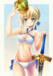  1girl bikini blonde_hair braid crown fate/grand_order fate/stay_night fate_(series) green_eyes long_hair marker_(medium) navel saber standing swimsuit sword traditional_media weapon yuto_cafe 