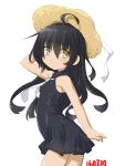  1girl adapted_costume ahoge arm_up bare_arms black_dress black_hair blush dd_(ijigendd) dress eyebrows eyebrows_visible_through_hair from_side hat hat_ribbon kantai_collection long_hair looking_to_the_side mikazuki_(kantai_collection) necktie numbered ribbon smile solo sun_hat sundress white_necktie white_ribbon yellow_eyes 