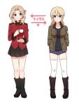  2girls bangs blonde_hair blue_eyes bomber_jacket breasts commentary cosplay costume_switch cup darjeeling denim denim_shorts epaulettes girls_und_panzer grey_eyes hair_down hair_up hands_in_pockets heart holding holding_cup ilhi jacket kay_(girls_und_panzer) looking_at_another military military_uniform multiple_girls open_clothes open_jacket parted_bangs pleated_skirt red_jacket saucer school_uniform shirt shorts skirt smile t-shirt teacup thigh-highs translated uniform white_background white_legwear zettai_ryouiki 
