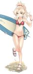  1girl aqua_eyes bikini blonde_hair blush bracelet braid breasts collarbone fate/grand_order fate_(series) french_braid front-tie_bikini front-tie_top full_body groin holding jewelry kickboard leg_up long_hair looking_down navel open_mouth ponytail pt red_bikini saber_of_red sandals side-tie_bikini small_breasts solo swimsuit water 