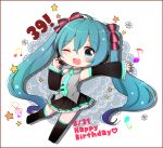  1girl 39 ;d aqua_eyes aqua_hair blush bow chibi crossed_bangs dated detached_sleeves full_body hair_between_eyes hair_bow happy_birthday hatsune_miku headset higasa_hinowa long_hair musical_note necktie one_eye_closed open_mouth outstretched_arm skirt smile solo star thigh-highs tie_clip twintails very_long_hair vocaloid white_background 