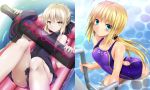  2girls adapted_object ass blonde_hair breasts casual_one-piece_swimsuit competition_swimsuit dark_excalibur dark_persona fate/grand_order fate/stay_night fate_(series) float floating inflatable_raft inflatable_toy long_hair low_ponytail multiple_girls one-piece_swimsuit pale_skin ponytail pool_ladder saber saber_alter sen_(astronomy) swimsuit yellow_eyes 