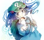  1girl :/ backpack bag blue_eyes blue_hair blue_shirt blue_skirt blush cattail closed_mouth commentary_request frilled_shirt_collar frills green_hat hair_bobbles hair_ornament hat kawashiro_nitori key long_sleeves looking_at_viewer makuwauri plant shirt short_hair skirt skirt_set solo touhou two_side_up upper_body 