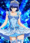  1girl blue_dress blue_hair blue_ribbon breasts collarbone diadem dress eyepatch gloves green_eyes ikkitousen looking_at_viewer medium_breasts mole mole_under_mouth ribbon ryomou_shimei short_hair skirt_hold smile solo thigh-highs white_gloves 