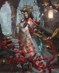  1girl 2015 amaterasu_(mythology) black_hair detached_sleeves fire flame floral_print flower full_body hand_mirror headpiece hood hood_down jewelry lantern lipstick long_hair makeup mirror mobius_final_fantasy official_art rakuen ring solo square_enix stairs standing watermark wide_sleeves 