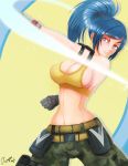  1girl belt_pouch blue_eyes blue_hair breasts camouflage camouflage_pants clenched_hand crop_top dejaguar earrings gloves jewelry large_breasts leona_heidern long_hair multiple_belts pants ponytail sideboob slender_waist solo the_king_of_fighters the_king_of_fighters_xiv 