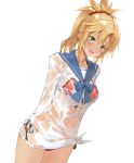 1girl bikini bikini_under_clothes blonde_hair blush dutch_angle fate/apocrypha fate/grand_order fate_(series) front-tie_top green_eyes highres looking_at_viewer navel open_mouth ponytail saber_of_red sailor_collar school_uniform see-through serafuku shirt side-tie_bikini simple_background smile solo swimsuit tied_shirt tokopi wet wet_clothes white_background 