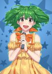  1girl blue_background bow brown_eyes commentary_request dress green_hair hair_ribbon looking_at_viewer macross macross_frontier microphone open_mouth orange_bow orange_ribbon ranka_lee ribbon signature smile solo star starry_background wrist_ribbon yellow_dress yoshiwa_tomo 