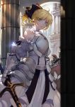  1girl ahoge architecture armor bangs blonde_hair breastplate budinger clouds cloudy_sky detached_sleeves fate/grand_order fate/stay_night fate_(series) gauntlets green_eyes highres holding holding_sword holding_weapon long_hair looking_at_viewer medieval messy_hair pillar ponytail saber saber_lily skirt sky solo_focus sword weapon 