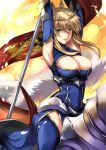  1girl armpits arms_up artoria_pendragon_lancer_(fate/grand_order) blonde_hair breasts cape cleavage crown fate/grand_order fate_(series) flagpole green_eyes highres horse karlwolf large_breasts saber solo thigh-highs zettai_ryouiki 