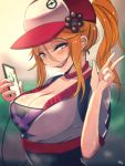  1girl artist_name at2. black_eyes blurry blush breasts cellphone choker cleavage_cutout depth_of_field female_protagonist_(pokemon_go) hair_between_eyes hair_ornament hat large_breasts looking_at_viewer naughty_face nintendo orange_hair phone pokemon pokemon_go ponytail smartphone smile snorlax solo sweat upper_body w 