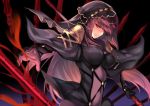  1girl covered_navel dual_wielding fate/grand_order fate_(series) gae_bolg karlwolf long_hair pauldrons polearm purple_hair red_eyes scathach_(fate/grand_order) skin_tight solo spear veil weapon 