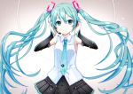  1girl aqua_eyes aqua_hair blue_moment detached_sleeves hands_on_headphones hatsune_miku headphones headset highres long_hair necktie skirt smile solo twintails very_long_hair vocaloid 