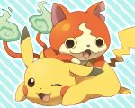  ;d blue_background cat fangs fire ground_vehicle haramaki jibanyan looking_at_another no_humans one_eye_closed open_mouth patterned_background pikachu pokemon pokemon_(creature) smile youkai youkai_watch 