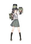  1girl arare_(kantai_collection) arm_up arm_warmers armpit_peek bangs black_hair black_legwear black_skirt buttons cannon collared_shirt full_body hat holding holding_weapon kantai_collection kneehighs looking_at_viewer official_art pleated_skirt shirt shoes short_sleeves simple_background skirt solo standing suspender_skirt suspenders takekono weapon white_background white_shirt yellow_eyes 