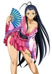  1girl black_hair blue_eyes breasts cleavage collarbone earrings fan frilled_skirt frills holding holding_fan ikkitousen jewelry kakouen_myousai large_breasts leaning_forward long_hair looking_at_viewer magatama_earrings simple_background skirt smile solo white_background 