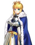  1girl ahoge armor armored_dress blonde_hair blue_cape blue_ribbon braid cape closed_mouth commentary_request crown excalibur fate/stay_night fate_(series) fur_trim gauntlets green_eyes hair_ribbon highres ichiren_namiro looking_at_viewer ribbon saber short_hair solo unsheathed white_background 