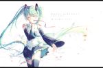  1girl 2016 character_name closed_eyes dated detached_sleeves green_hair happy_birthday hatsune_miku letterboxed long_hair mokoppe necktie skirt solo thigh-highs twintails very_long_hair vocaloid 