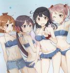  4girls :q ahoge akebono_(kantai_collection) animal animal_on_shoulder armpits ass bandaid bandaid_on_face bangs bare_arms bare_shoulders bell bikini black_hair blue_background blue_bikini blush bow breasts brown_eyes brown_hair cleavage closed_mouth collarbone cowboy_shot crab crab_on_head drew_(drew213g) eyebrows eyebrows_visible_through_hair fang flower from_side gradient gradient_background gradient_hair hair_bell hair_bobbles hair_flower hair_ornament hand_on_another&#039;s_shoulder jingle_bell kantai_collection long_hair looking_at_another medium_breasts multicolored_hair multiple_girls navel oboro_(kantai_collection) official_art one_eye_closed open_mouth pink_eyes pink_hair ponytail purple_hair rabbit sazanami_(kantai_collection) scrunchie short_hair sidelocks small_breasts smile standing stomach sweatdrop swimsuit tears tongue tongue_out twintails ushio_(kantai_collection) violet_eyes white_bow wrist_scrunchie 