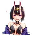  1girl :d artist_name bare_shoulders black_hair blush breasts collarbone commentary_request fangs fate/grand_order fate_(series) hair_ornament heart highres ichiren_namiro japanese_clothes kimono looking_at_viewer oni oni_horns open_mouth revealing_clothes short_hair shuten_douji_(fate/grand_order) small_breasts smile solo upper_body violet_eyes white_background 