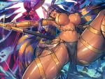  &gt;:o 1girl :o armpits ass_visible_through_thighs bracelet breasts commentary_request dark_skin earrings egyptian egyptian_clothes eyebrows eyebrows_visible_through_hair facial_mark fate/grand_order fate_(series) from_below hairband highres hoop_earrings jewelry large_breasts loincloth long_hair looking_away melon22 navel nitocris_(fate/grand_order) open_mouth revealing_clothes shiny shiny_skin solo spread_legs under_boob very_long_hair violet_eyes 
