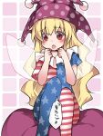  1girl american_flag_legwear american_flag_print american_flag_shirt blonde_hair clenched_hands clownpiece commentary hammer_(sunset_beach) hat open_mouth pantyhose red_eyes sitting solo touhou translated wings 