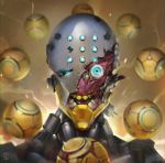  andrea_casartelli aqua_eyes berserker_rage broken_helmet commentary crack cyborg damaged eyes neon_genesis_evangelion no_humans omnic open_mouth orb overwatch parody signature solo teeth upper_body zenyatta_(overwatch) 