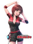  1girl aqua_eyes arms_up belt breasts brown_hair cleavage earrings head_tilt highres jewelry large_breasts lips looking_at_viewer open_mouth original racequeen shamakho short_hair short_sleeves simple_background unzipped white_background 