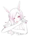  1girl animal_ears bangs bare_shoulders breasts cleavage d.va_(overwatch) eyelashes facepaint facial_mark fingernails giji-p large_breasts long_fingernails long_hair nail_polish overwatch pink_eyes pink_nails rabbit_ears simple_background slit_pupils solo spot_color whisker_markings white_background 