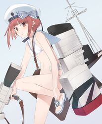  1girl adjusting_clothes adjusting_shoe bag bikini blue_background brown_eyes brown_hair commentary_request hat hayashi_kewi holding kantai_collection looking_at_viewer machinery navel parted_lips revision sailor_bikini sailor_collar sailor_hat sandals short_hair shoulder_bag simple_background solo swimsuit turret white_bikini white_hat z3_max_schultz_(kantai_collection) 