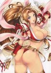  1girl artist_request ass breasts brown_hair cleavage gloves japanese_clothes large_breasts long_hair looking_at_viewer looking_back midriff open_mouth pauldrons ponytail shiranui_mai simple_background smile snk solo the_king_of_fighters violet_eyes white_gloves 