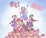  6+girls american_flag_legwear american_flag_shirt antennae arm_up artist_request ascot assault_rifle blonde_hair blue_dress blue_hair boots bow cape cirno closed_eyes clownpiece daiyousei dress eyebrows eyebrows_visible_through_hair fairy_wings flag flagpole from_behind green_dress green_hair gun hair_between_eyes hair_bow hat holding ice ice_wings index_finger_raised jester_cap juliet_sleeves kneeling long_hair long_sleeves looking_at_viewer looking_down malaysia multiple_girls mystia_lorelei nude open_mouth outstretched_arms parody pink_hair pointing pointing_up pose puffy_short_sleeves puffy_sleeves red_dress redhead rifle rumia short_hair short_sleeves shorts side_ponytail skirt skirt_set smile standing tagme team_9 touhou tugu_negara vest weapon wings wriggle_nightbug yoruny 