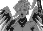  1girl bodysuit breastplate greyscale gun handgun headgear holding holding_gun holding_weapon licking licking_weapon lips long_hair looking_at_viewer mechanical_halo mechanical_wings mercy_(overwatch) monochrome open_mouth overwatch ponytail simple_background solo staff teeth tongue tongue_out turtleneck upper_body weapon white_background wings 