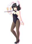  1girl ;d alternate_costume animal_ears black_bow black_bowtie black_hair black_legwear black_shoes blush bow bowtie breasts bunny_girl bunny_tail bunnysuit commentary_request detached_collar drink full_body gomi_(gomitin) high_heels holding holding_tray inaba_tewi leotard looking_at_viewer one_eye_closed open_mouth pantyhose rabbit_ears red_eyes shoes short_hair small_breasts smile solo tail touhou tray wrist_cuffs 