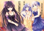  3girls bag bare_shoulders blue_eyes blue_hair blush breasts cleavage date_a_live dress earrings flower hair_flower hair_ornament hand_on_hip handbag highres izayoi_miku jewelry large_breasts looking_at_viewer multiple_girls necklace one_eye_closed purple_hair silver_hair smile tobiichi_origami tsunako violet_eyes yatogami_tooka 